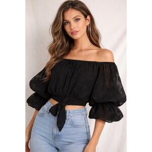 DO BE Black Sheer‎ Puff Sleeve Tie Back Crop Top